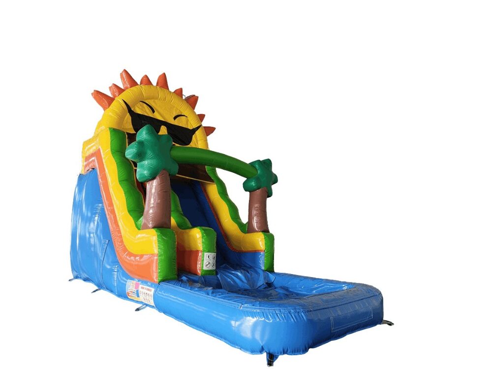 Noleggio gonfiabile acquatico SUNNY: scivolo acquatico con sole e palme - vista principale